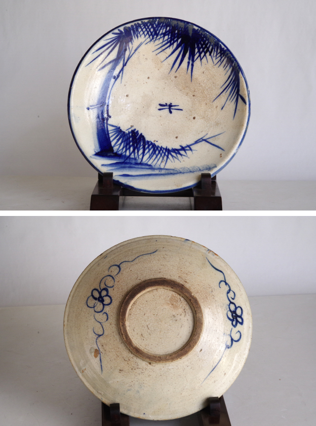■時代物 古瀬戸 石皿 蜻蛉に竹 染付け 直径 31cm■工芸品