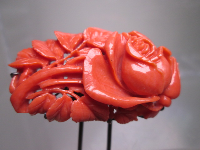 半額】 【江月】アンティーク・綺麗な赤珊瑚薔薇彫刻のかんざし 14,45g 