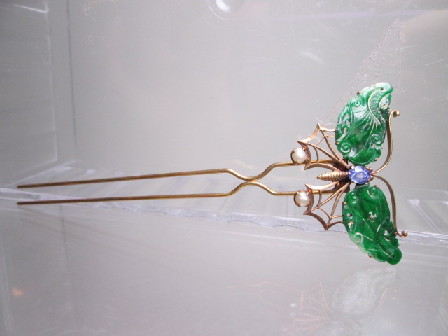82％以上節約 江月 アンティーク K18 本翡翠真珠飾り蝶のかんざし 10g 