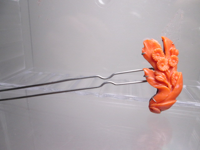 【江月】アンティーク・本珊瑚 花彫刻のかんざし 12,14g_画像3