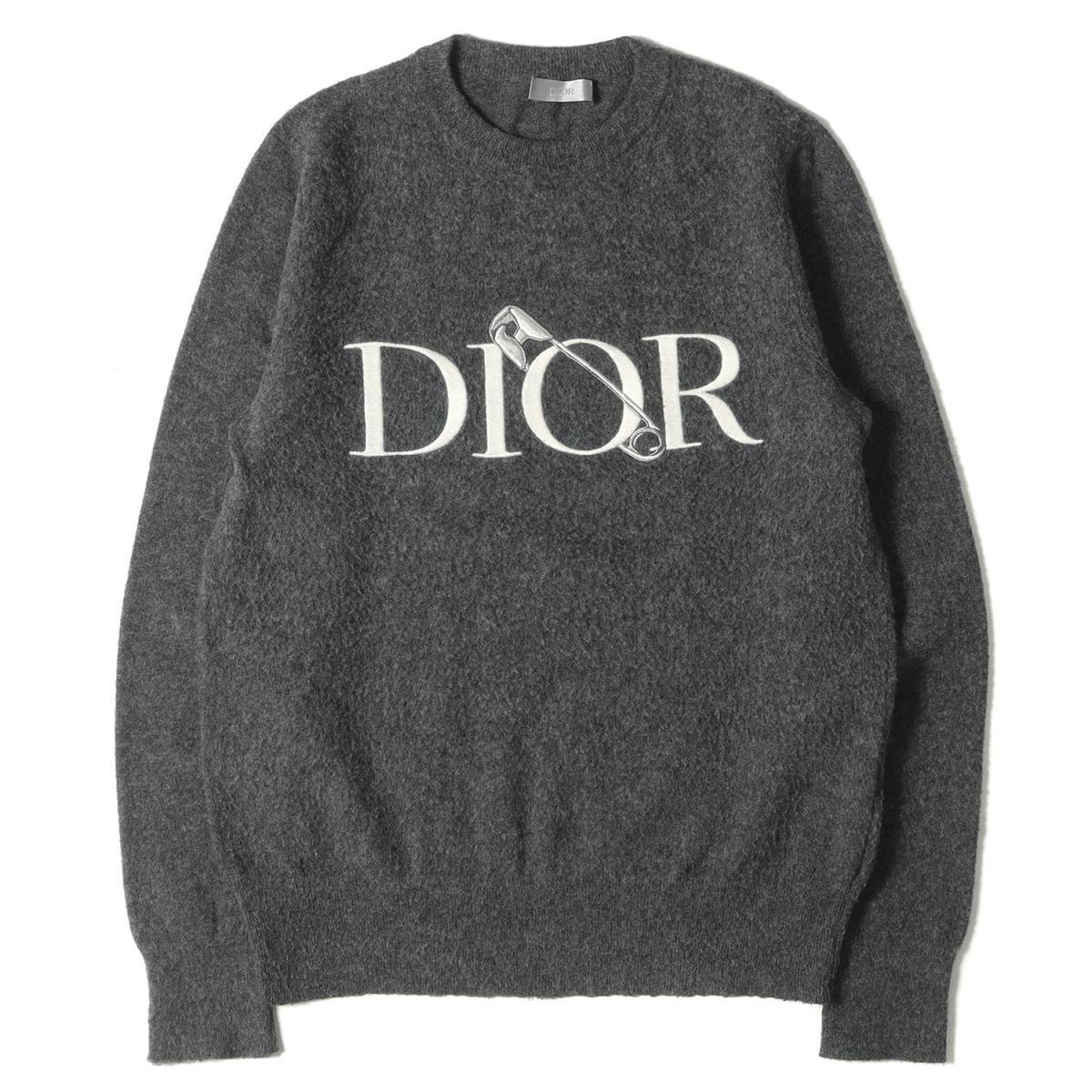 美品 Dior HOMME ディオールオム ニット ×JUDY BLAME ブランドロゴ刺繍クルーネックウールニット 20AW グレー 灰 S トップス 長袖