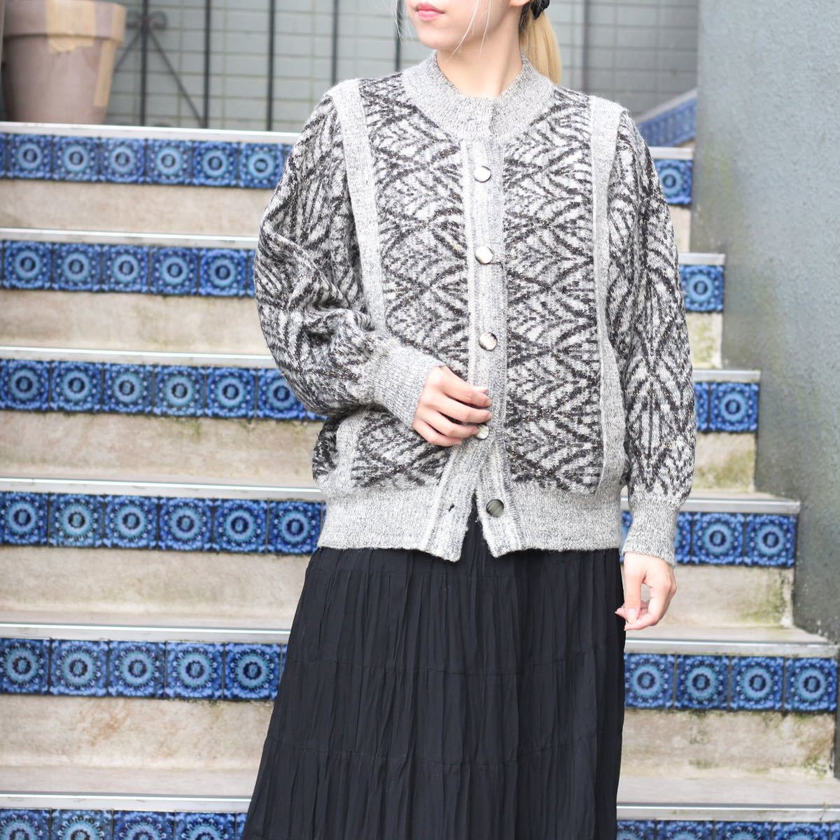 EU VINTAGE PATTERNED ALL OVER DESIGN KNIT CARDIGAN/ヨーロッパ古着総柄デザインニットカーディガン_画像1