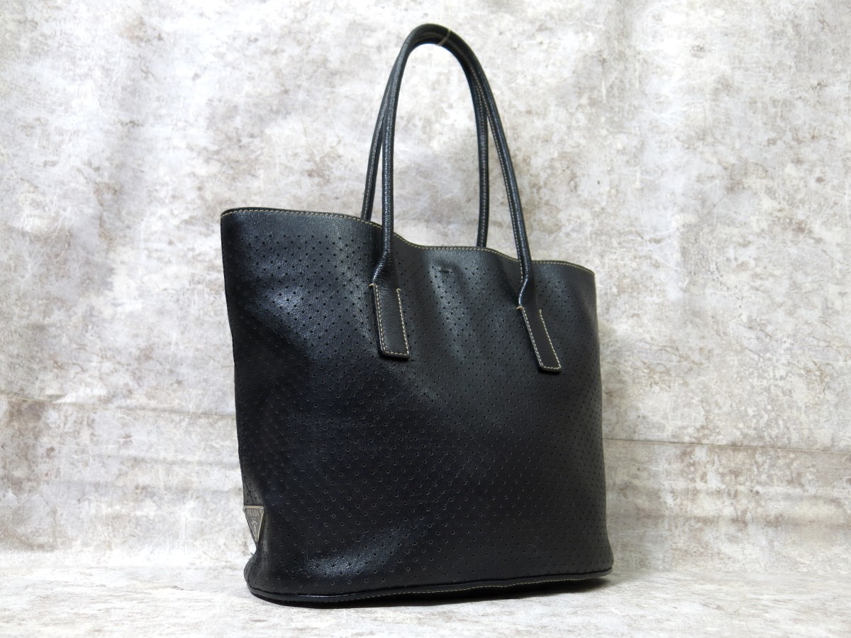 正規品 PRADA バッグ 黒 本革 トート レザー プラダ パンチング カーフ