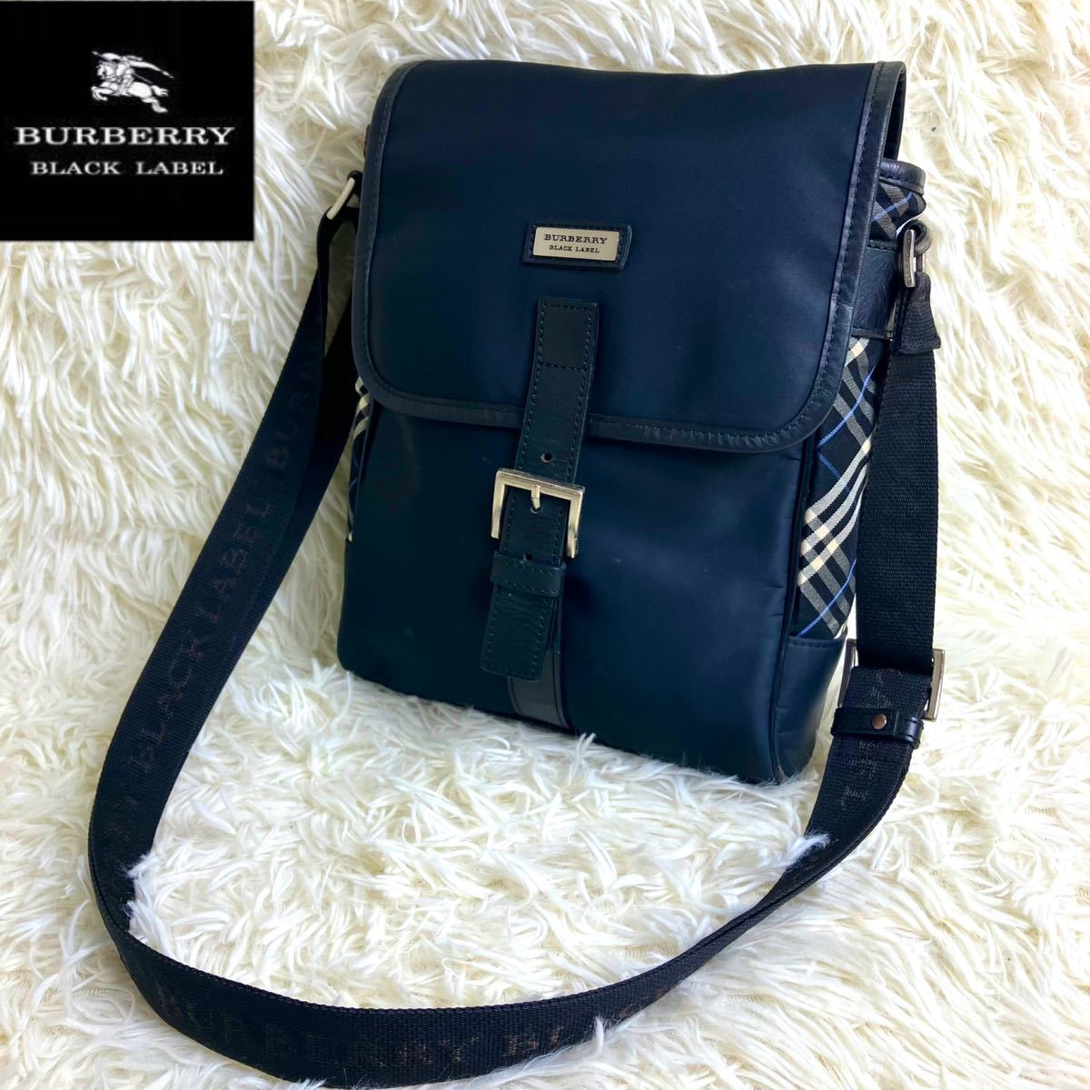 1円〜【極美品】BURBERRY BLACK LABEL バーバリーブラックレーベル ショルダーバッグ ノバチェック メンズ ナイロン レザー ブラック 黒