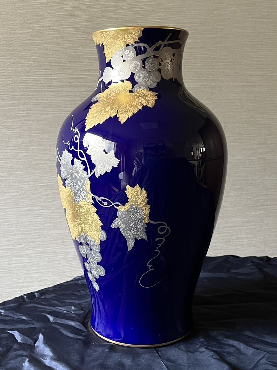 OKURA 大倉陶園】 瑠璃金蝕ぶどう 花入 在銘 共箱 高さ約36cm 花瓶