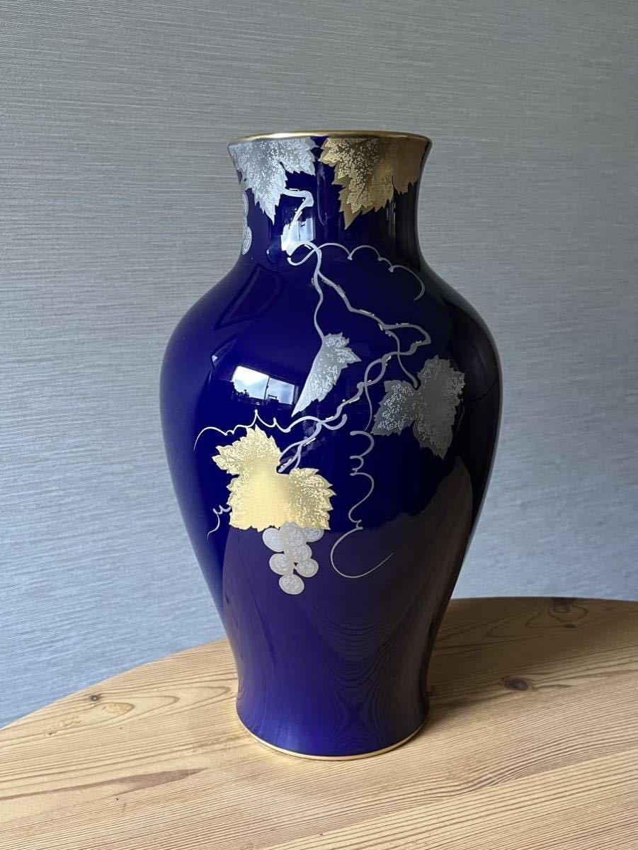 OKURA 大倉陶園】 瑠璃金蝕ぶどう 花入 在銘 共箱 高さ約36cm 花瓶