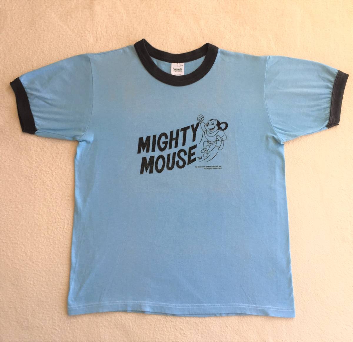 ◆ビンテージ Mighty Mouse リンガーTシャツ マイティマウス USA製 フロッキープリント レア アメコミ 検 世田谷ベース 所ジョージ