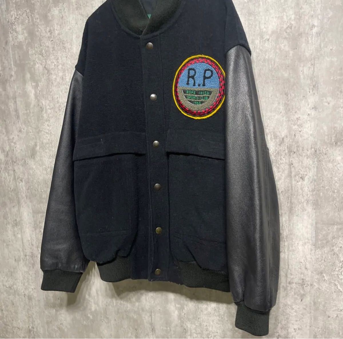90'sヴィンテージ【ROPE】レザー袖切替スタジャン 本革 ワッペン 黒 スタジアムジャケット vintage_画像4