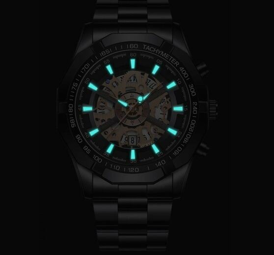 BINBOND ラグジュアリー スケルトン ステンレス メンズ 腕時計 黒