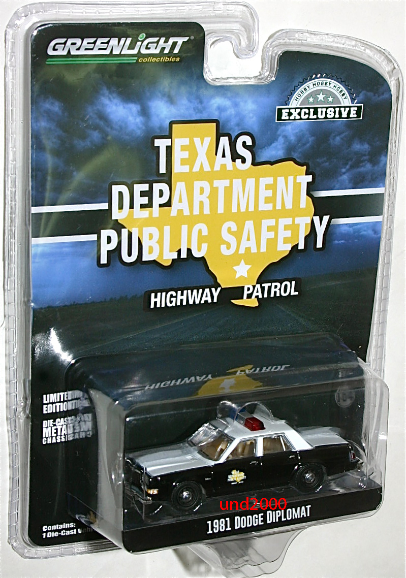 Greenlight 1/64 1981 Dodge Diplomat Dodge ti Pro mat teki suspension highway Patrol Texas Highway Patrol Police car green lai