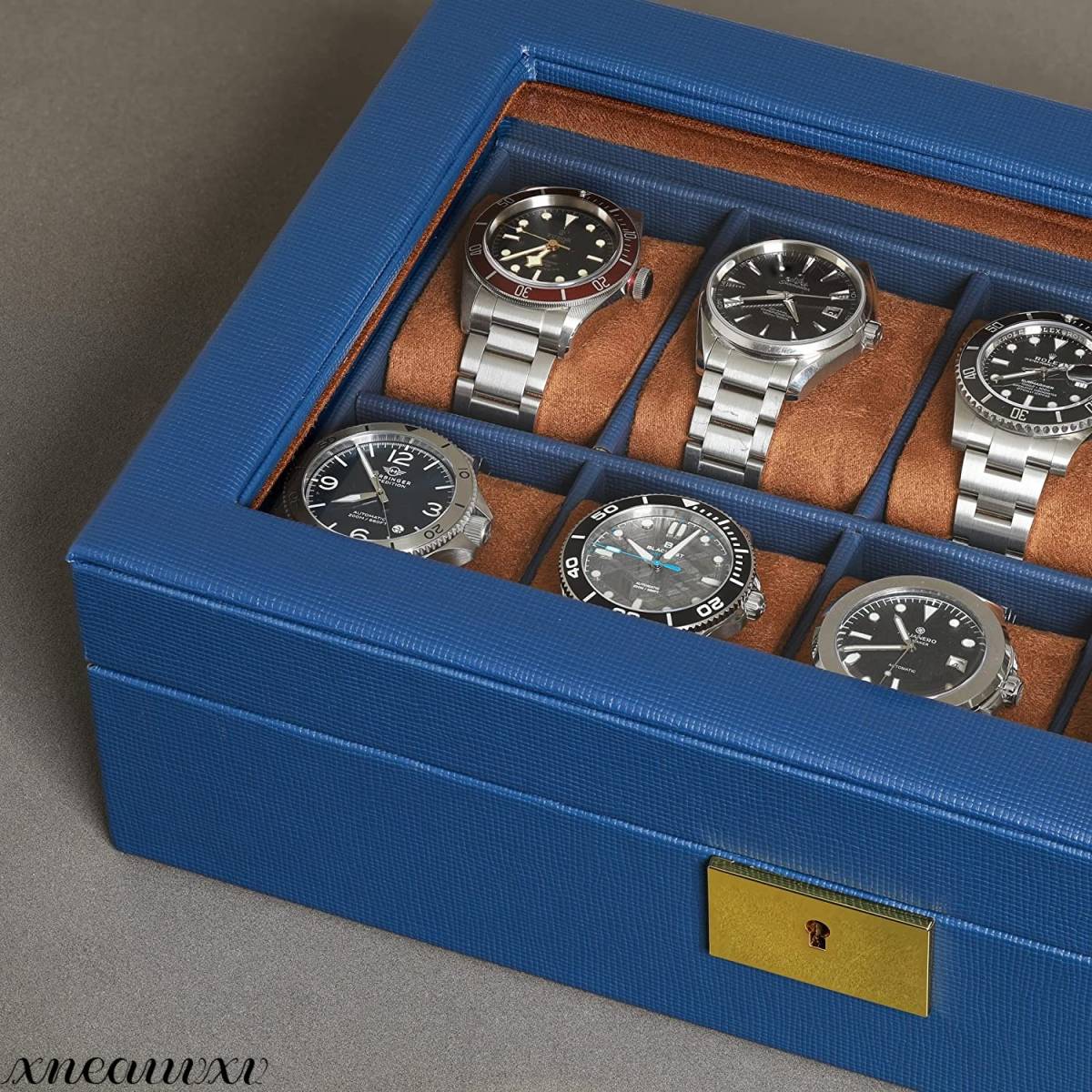高級感のある ウォッチケース 腕時計 10本収納 ブルー ガラス レザー アクセサリー コレクション 収納 保管 ボックス ディスプレイ 鑑賞