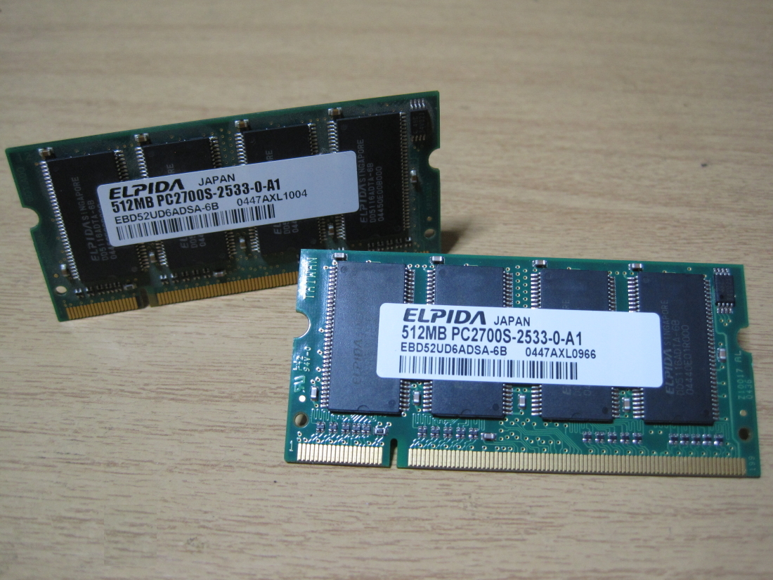 **JUNK PC PARTS** ELPIDA DDR333 PC2700 512MB 200pin 2 pieces set! * both sides chip installing * total 1GB! exhibition hour operation verification -SET-MDDR214