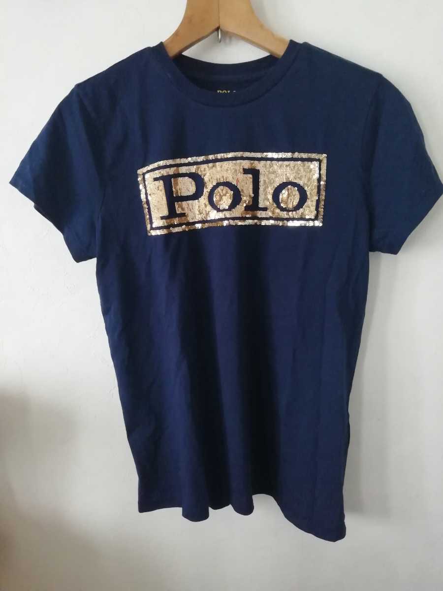  free shipping * new goods not yet have on POLO Ralph Lauren spangled Logo T-shirt lady's navy Polo Ralph Lauren 