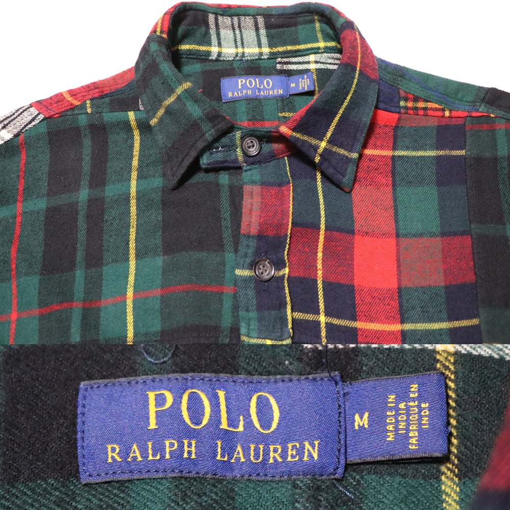 アメリカ購入品 美品 POLO RALPH LAUREN ポロ ラルフローレン パッチワークネルシャツ 緑赤黄格 M_画像7