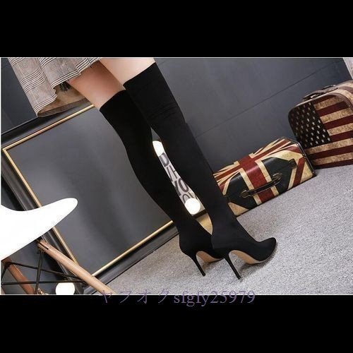 P213* new goods knee high boots long boots lady's stretch high heel pin heel thickness bottom beautiful legs black 22.5cm~25cm