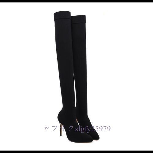 P213* new goods knee high boots long boots lady's stretch high heel pin heel thickness bottom beautiful legs black 22.5cm~25cm