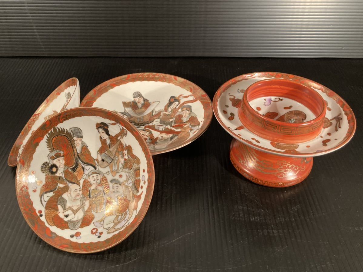 送関込 明治期 京薩摩金彩色絵『七福神』急須/湯冷まし/煎茶碗(五客