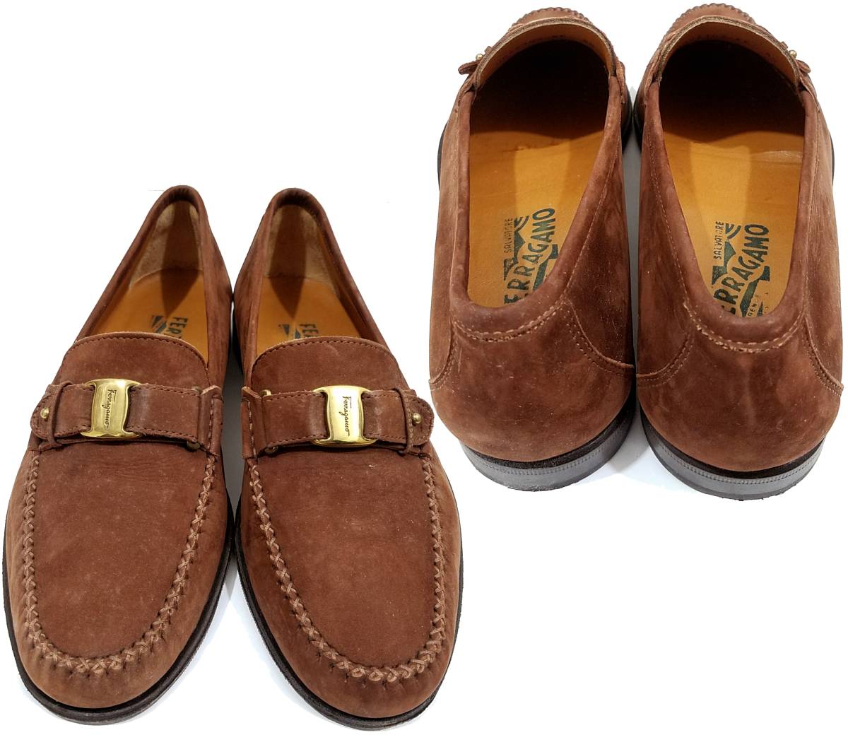 Salvatore Ferragamovala замша Loafer мужской 8.5EE(26.5cm) Brown × Gold металлические принадлежности Vara туфли без застежки кожа обувь чай цвет Ferragamo 