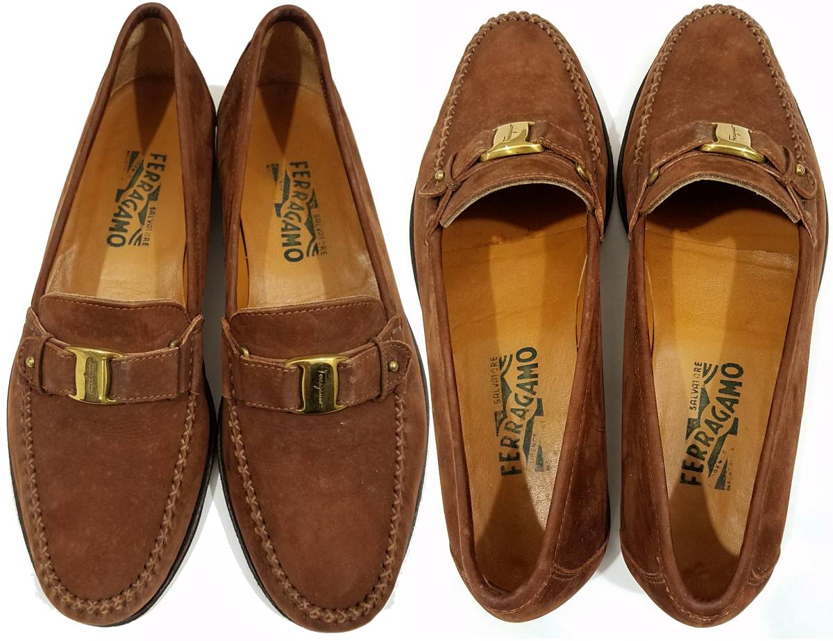 Salvatore Ferragamovala замша Loafer мужской 8.5EE(26.5cm) Brown × Gold металлические принадлежности Vara туфли без застежки кожа обувь чай цвет Ferragamo 