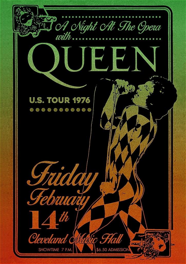 ポスター★クィーン オペラ座の夜USツアー 1976年2月★Queen 1976 A Night at the Opera Tour Cleveland★ボヘミアン・ラプソディ_ポスターサイズ：29.7cm × 42cm