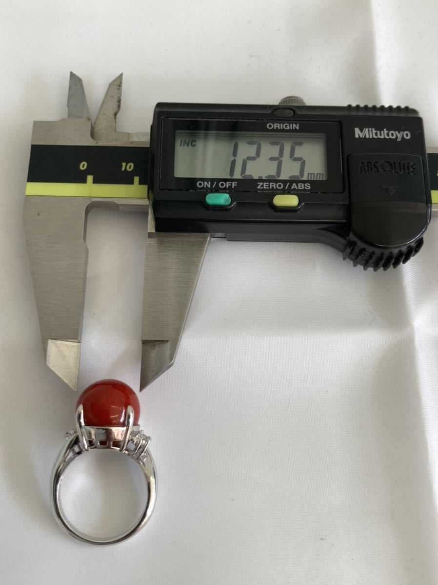 極 Pt900 サンゴ 12.4mm ダイヤモンド 4P 0.15ct リング 指輪 血赤珊瑚 極 Pt900 サンゴ 12.4mm ダイヤモンド 4P 0.15ct リング 指輪 血赤珊瑚