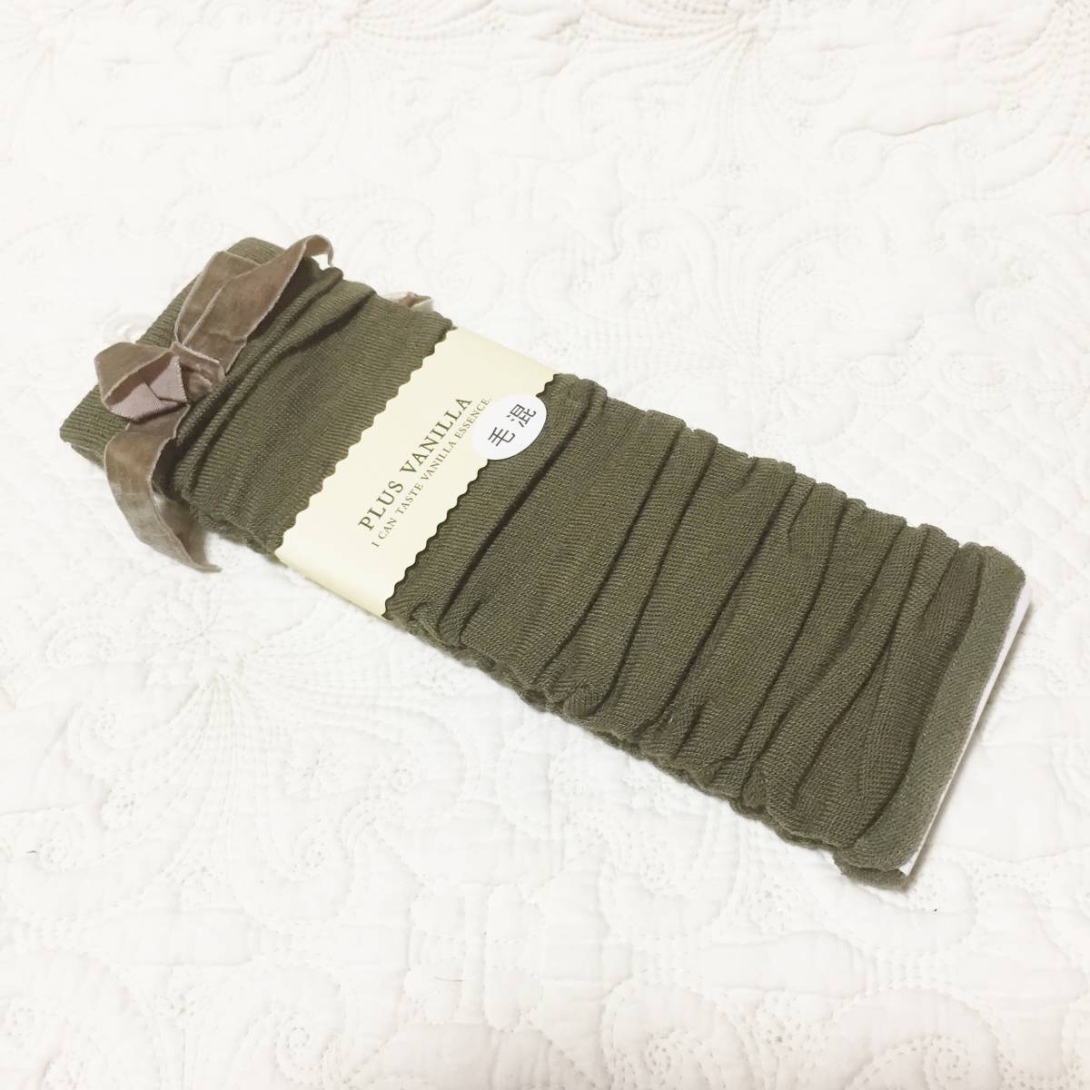  new goods ribbon attaching leg warmers / leg cover wool . khaki 