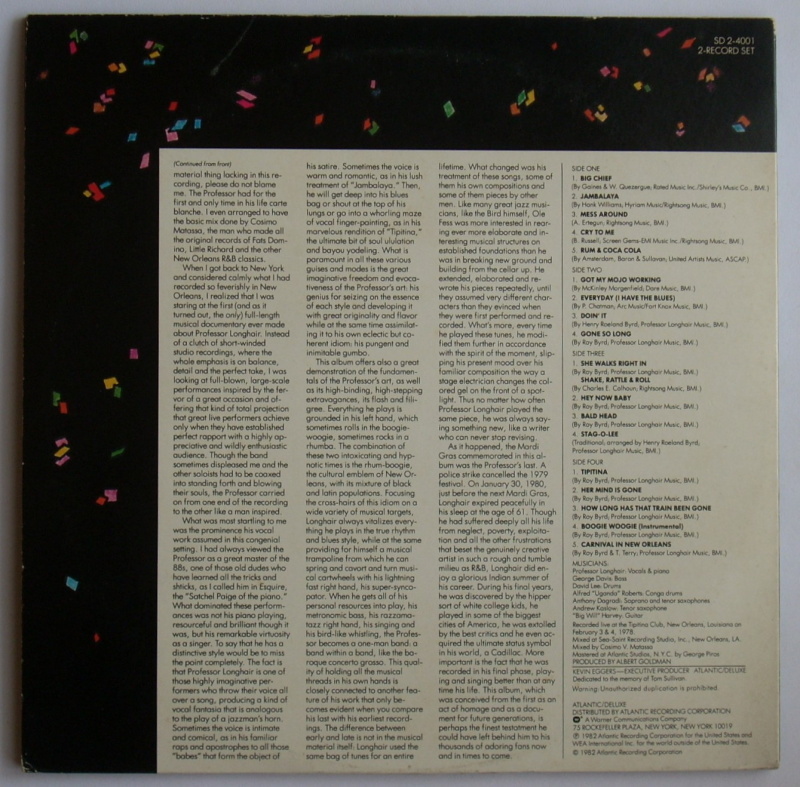 ★【国内盤 New Orleans R&B LP】 Professor Longhair / The Last Mardi Gras (Warner-Pioneer P-5609～10) 1982年 / 2LP_画像2