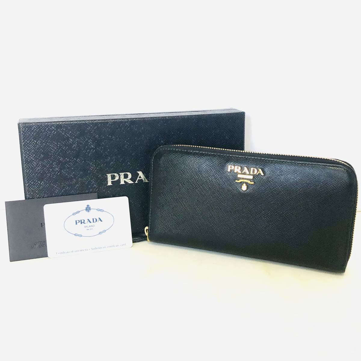 美品 プラダ PRADA サフィアーノ レザー ラウンドファスナー長財布 1ML506 黒×ゴールド