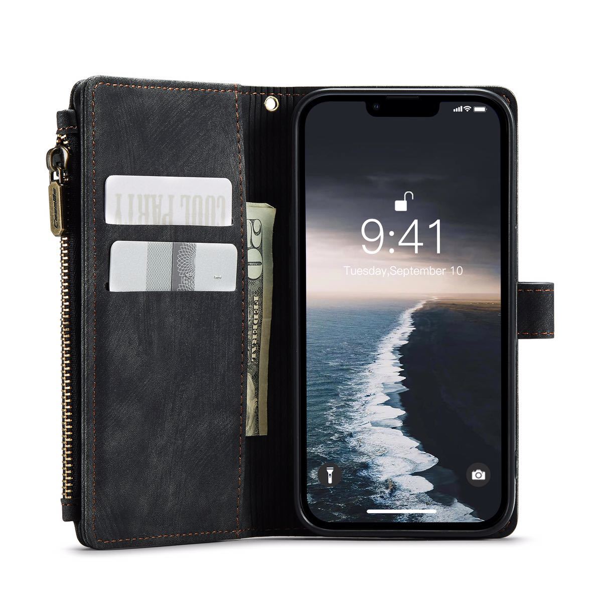 iPhone 14 レザーケース アイフォン14 ケース iPhone14 カバー 6.1インチ 手帳型 カード収納 ファスナー付き　財布型　black_画像7