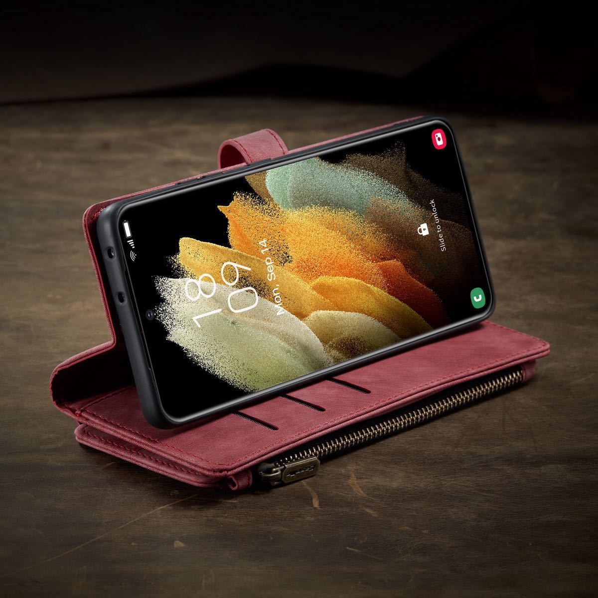 Galaxy S21 5G レザーケース SCG09 SC-51B ギャラクシー s21　ケース　手帳型 お財布付き カード収納 カバー　red