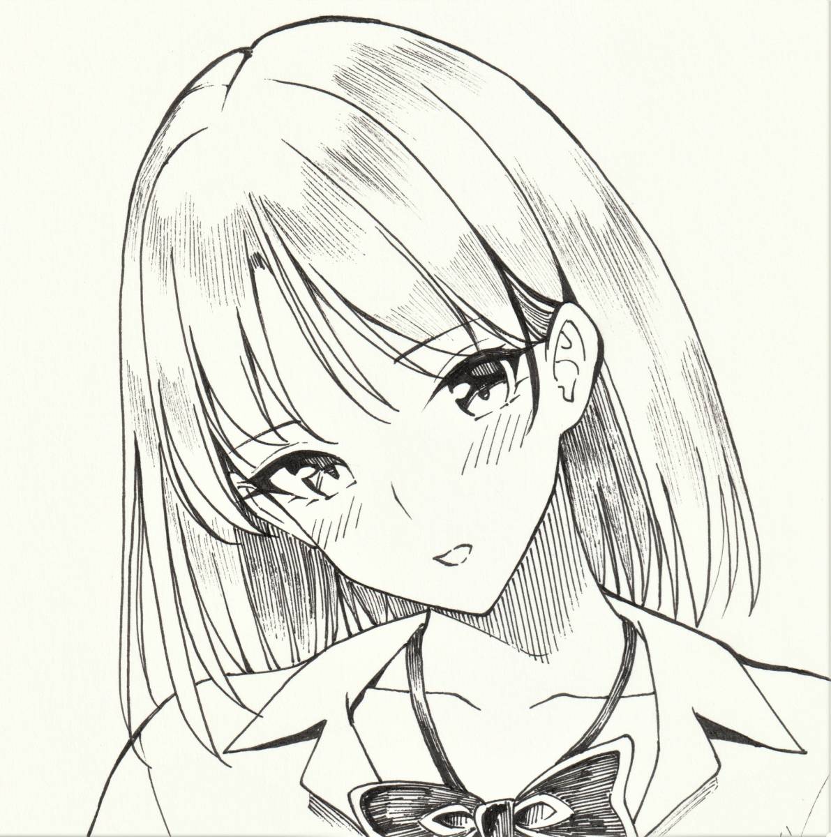 手描き オリジナルイラスト A4サイズ ボールペン画「制服女子④」 の