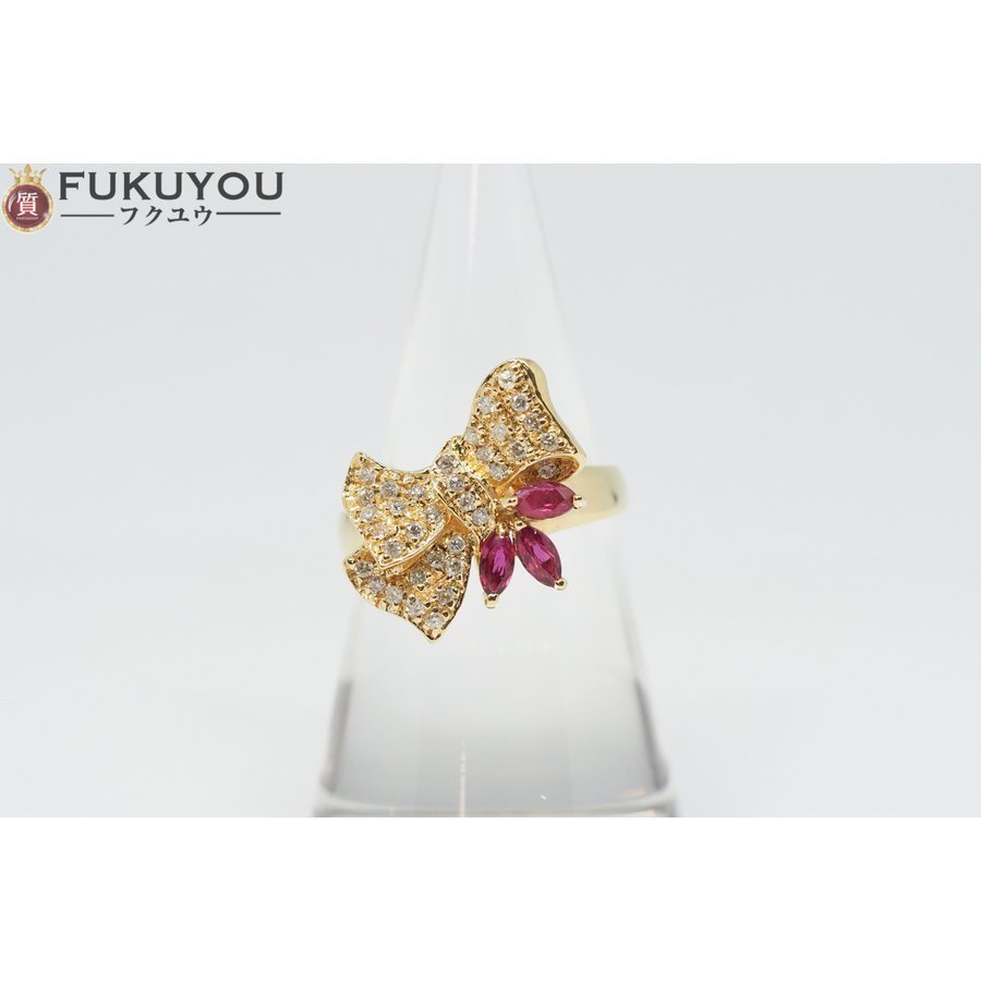 K18 ルビー 0.40ct メレダイヤモンド 0.28ct リボンモチーフ ゴールド