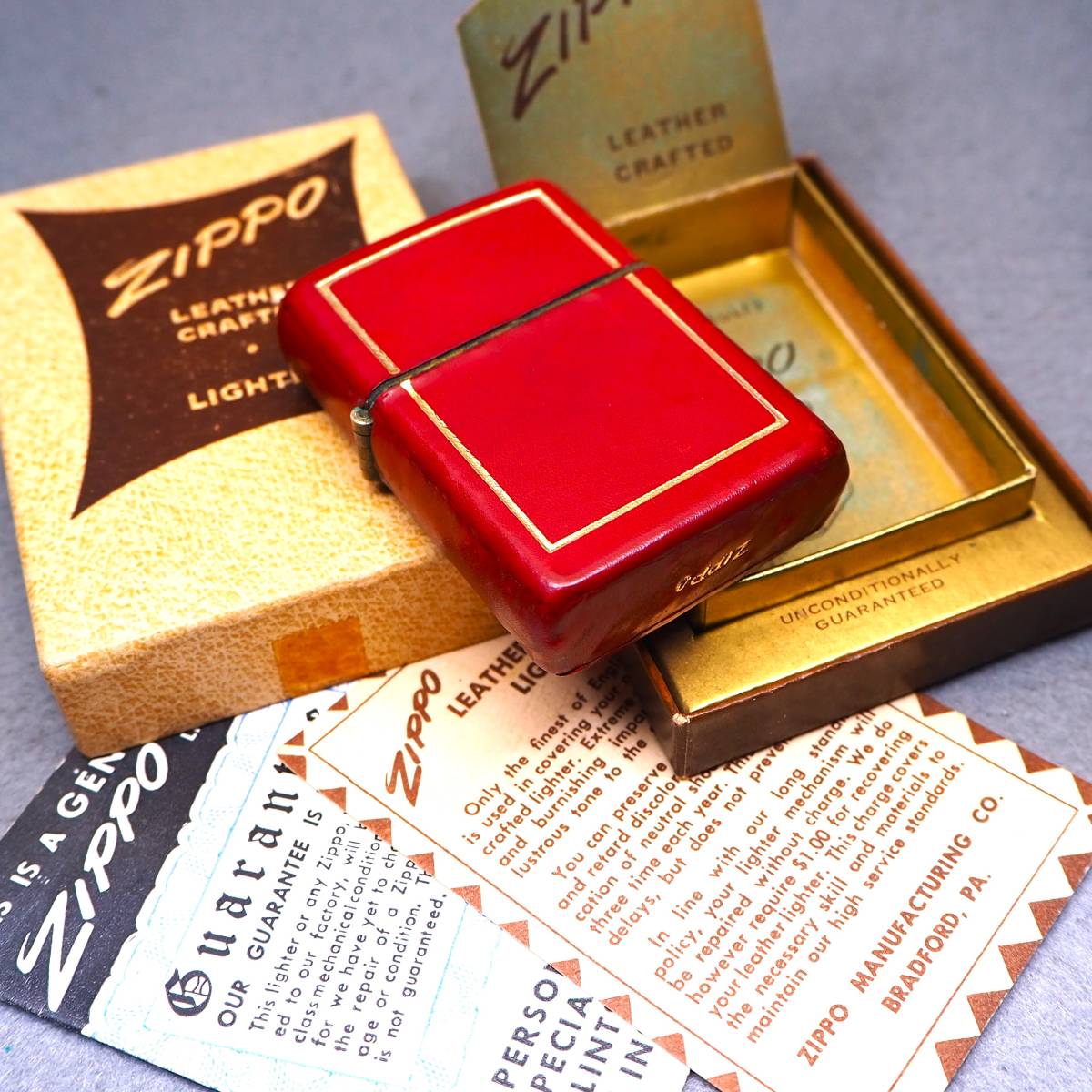 デッドストック品コレクターズアイテムレアモデル！ Zippo LEATHER CRAFTED 稀少オリジナルBOX ギャランティー付属　1950～51年 生産個体_画像1