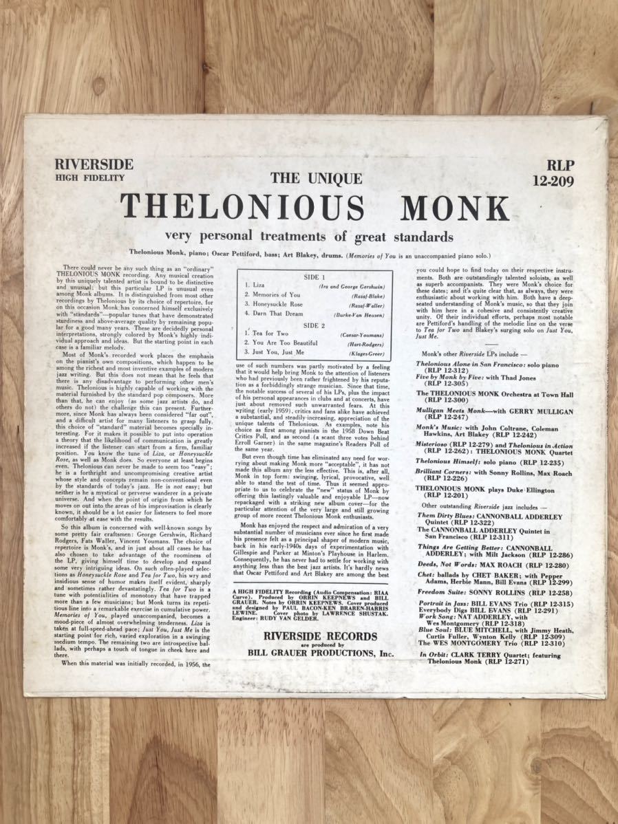 Thelonious Monk The Unique Thelonious Monk 1959 US盤 RLP 12-209 RIVERSIDE Art Blakey セロニアスモンク JAZZ ジャズの画像2