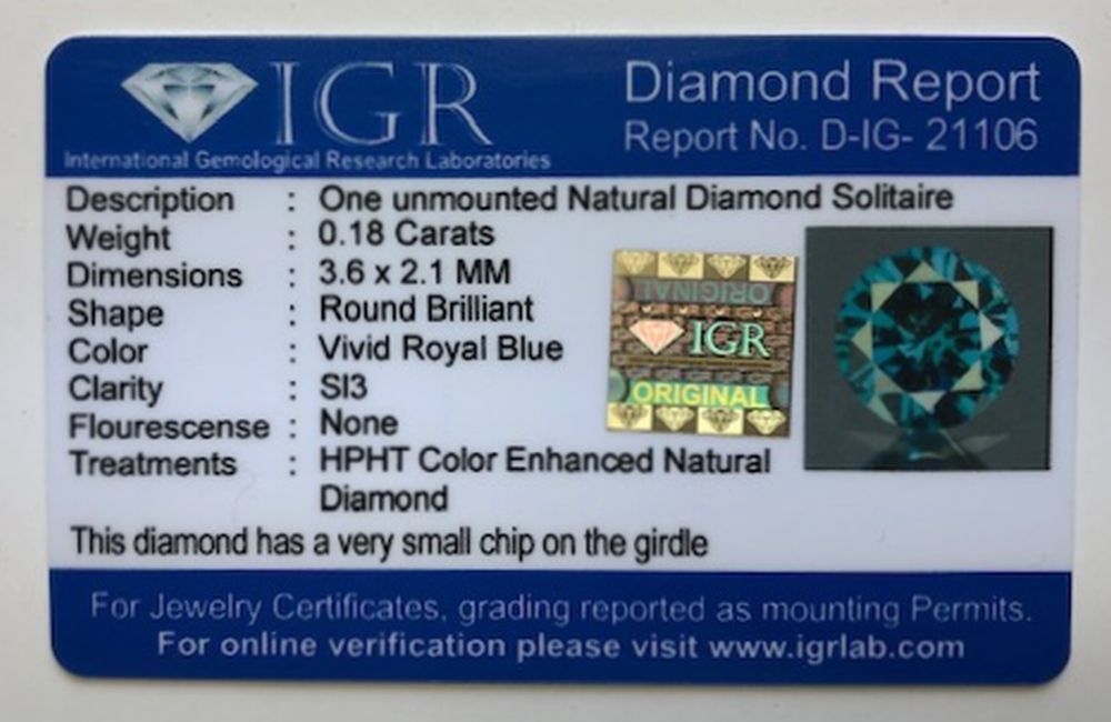 [ natural blue diamond loose 0.18ct:0294]IGR card judgement document attaching HPHT processing stone Africa production Natural Diamond unset jewel mineral gem jewelry Africa