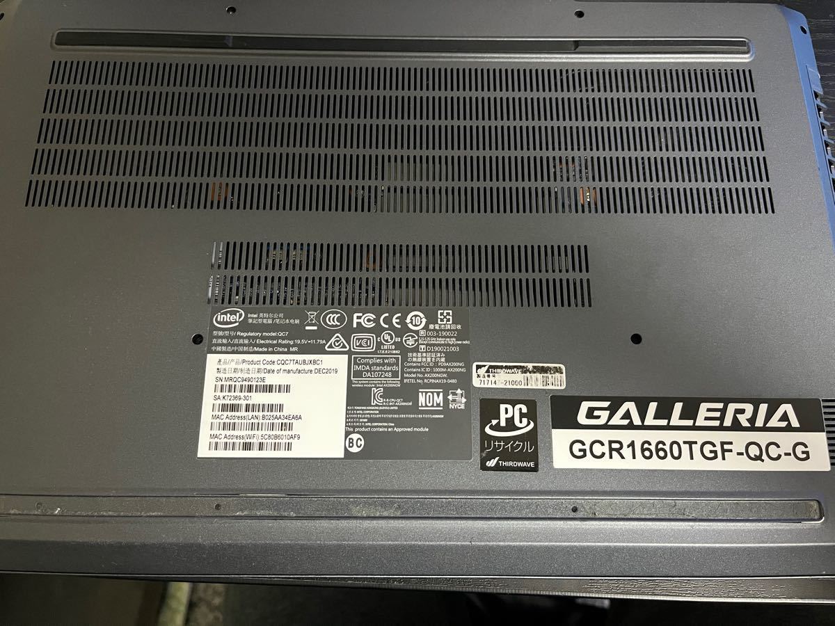 ［ジャンク品］ゲーミングノートパソコン　GALLERIA GCR1660TGF-QC-G Core i7 GTX1660 Ti