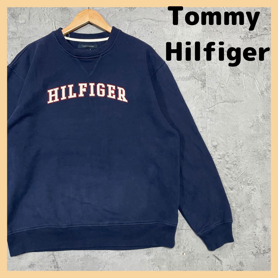 Tommy Hilfiger トミー ヒルフィガー スウェット トレーナー ビッグロゴ 刺繍ロゴ Vガゼット ビッグシルエット 裏起毛 ネイビー 玉FL1801_画像1