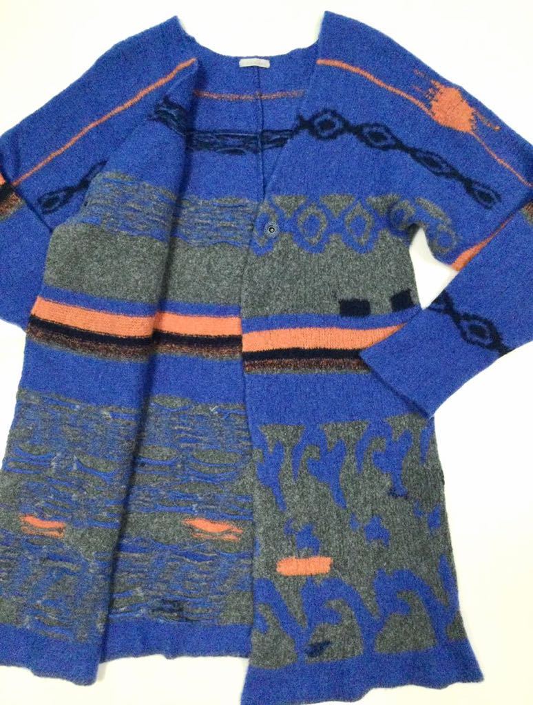 美品「CASMARI」ハンドメイド 柄デザイン Vネック カシミア ロングカーディガン Blue×Gray SIZE:1/S USA製