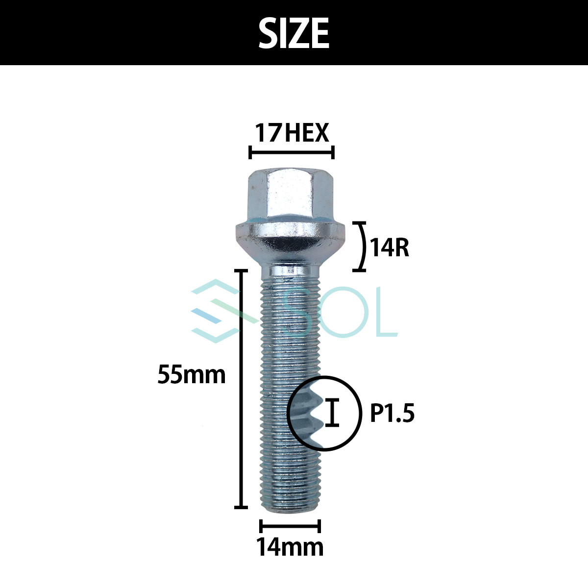 ベンツ W206 S206 W205 S205 C205 A205 W204 M14 P1.5 14R 球面 ホイールボルト 首下55mm 17HEX ユニクロメッキ 1本 出荷締切18時_画像4