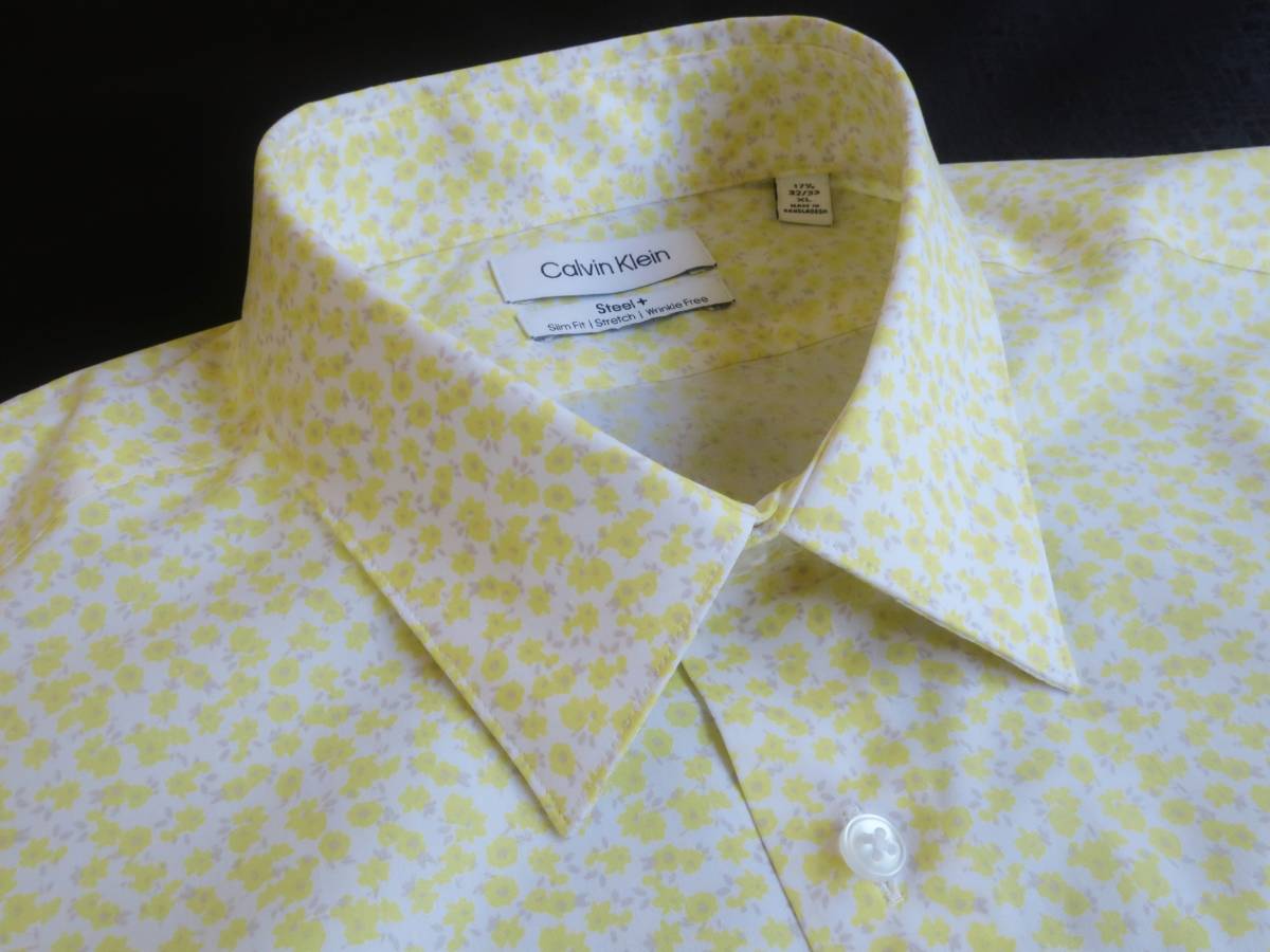  new goods * Calvin Klein * small floral print dress shirt * comfortable . stretch slim * total pattern long sleeve shirt white yellow color L*CALVIN KLEIN*683