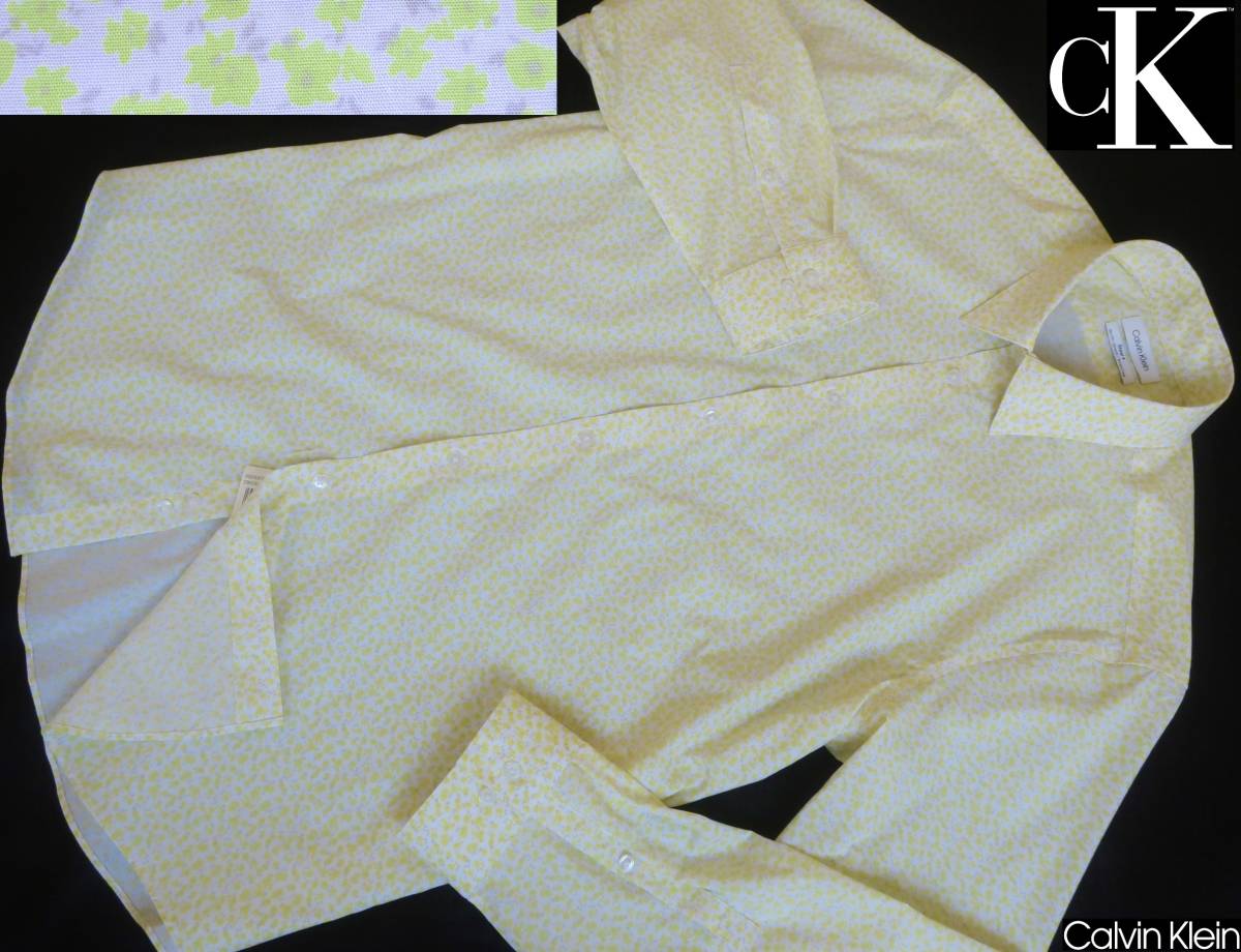  new goods * Calvin Klein * small floral print dress shirt * comfortable . stretch slim * total pattern long sleeve shirt white yellow color L*CALVIN KLEIN*683