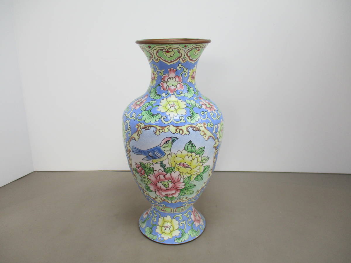 最高の品質 z251*中国美術工芸品 琺瑯* 花鳥文 琺瑯花瓶1点 /ブルー