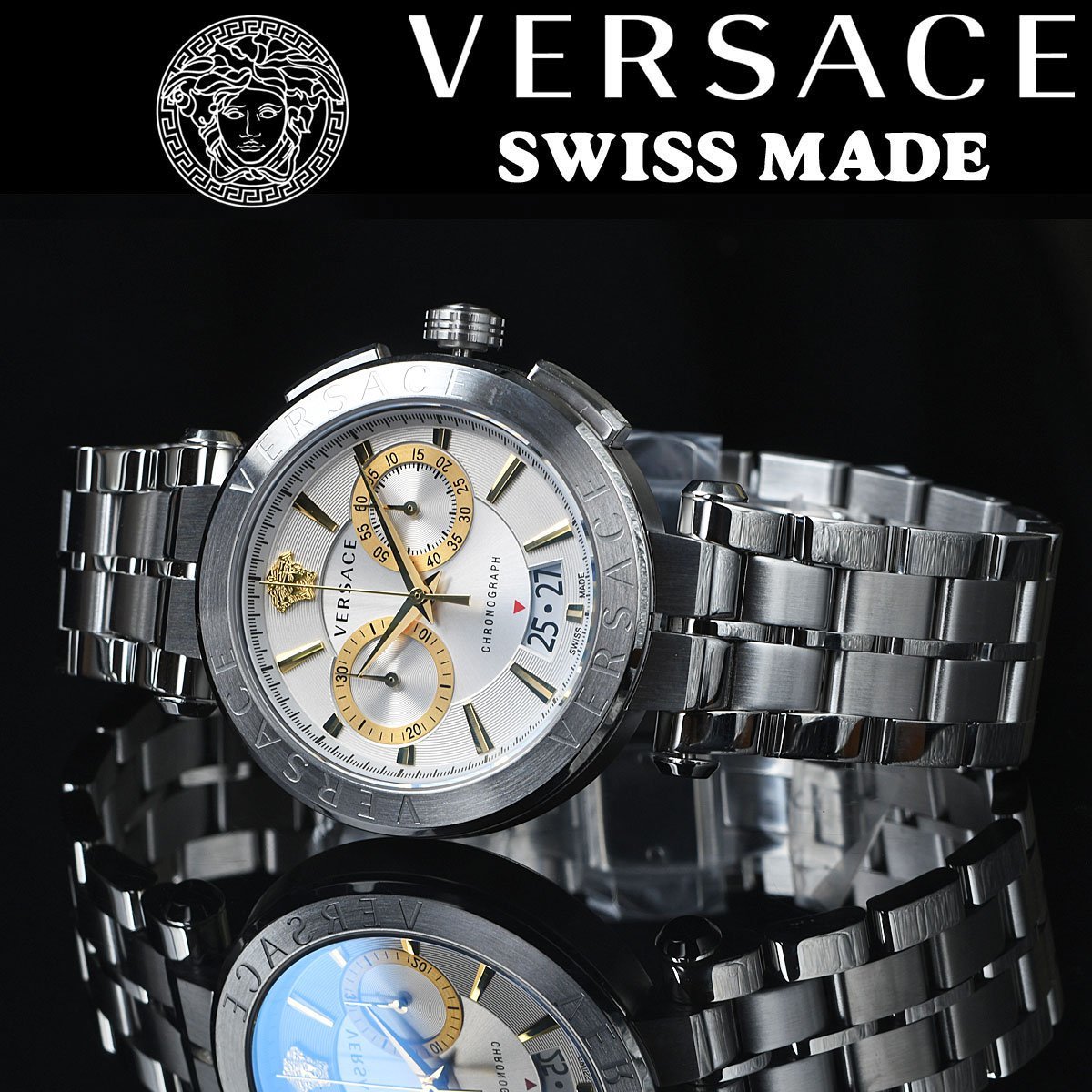 ヴェルサーチVERSACE 高級スイス製クロノグラフ 50m防水 激レア日本未