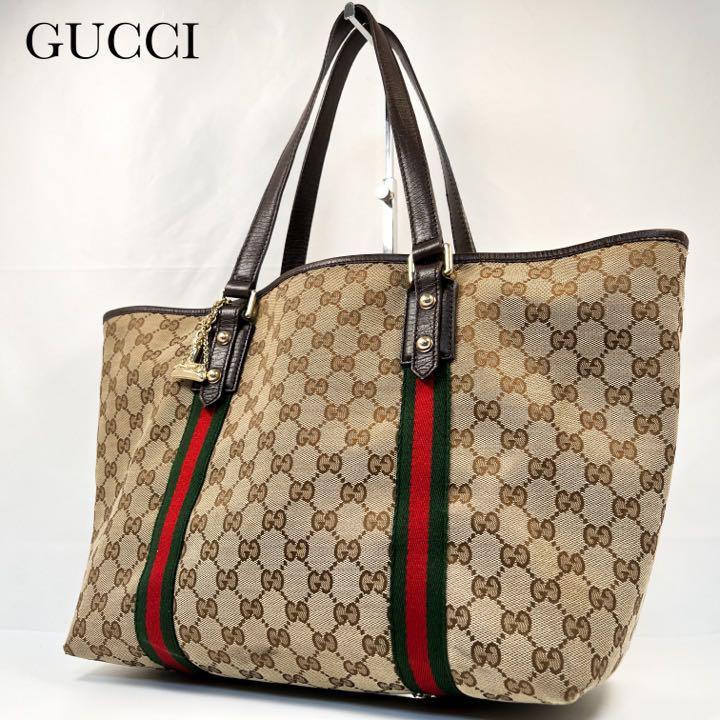 良品GUCCI グッチ チャーム付き シェリーライン GG 総柄 トートバッグ