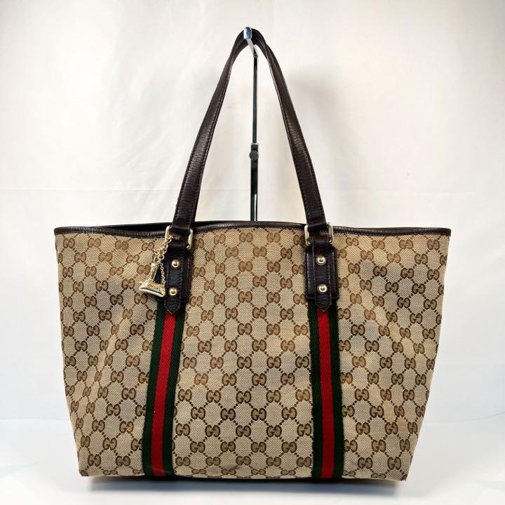 良品GUCCI グッチ チャーム付き シェリーライン GG 総柄 トートバッグ