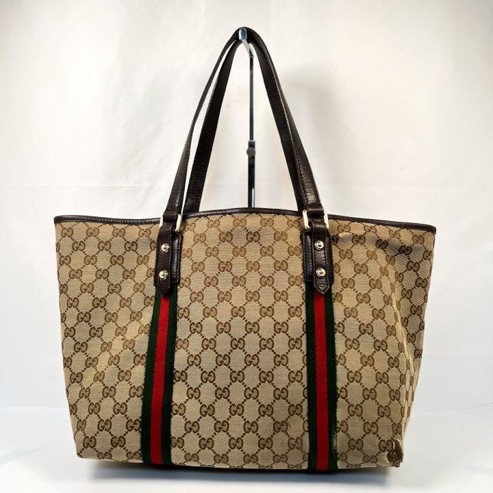 良品GUCCI グッチ チャーム付き シェリーライン GG 総柄 トートバッグ