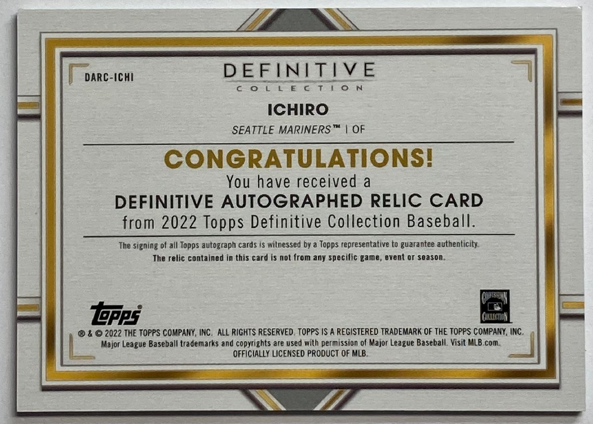 【ファーストNo. 1/10枚限定】イチロー直書きサイン実使用ジャージー 2022 Topps Definitive Game-used Jersey Green Auto_画像2