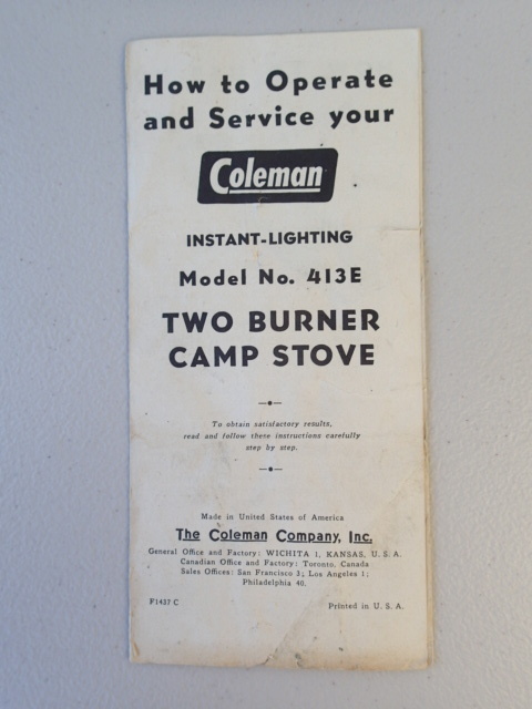 Coleman U.S.A. コールマン 413E ツーバーナー　 廃盤モデル　★取扱説明書 製品分解図　パーツ表（英語）1950年代後半_画像2