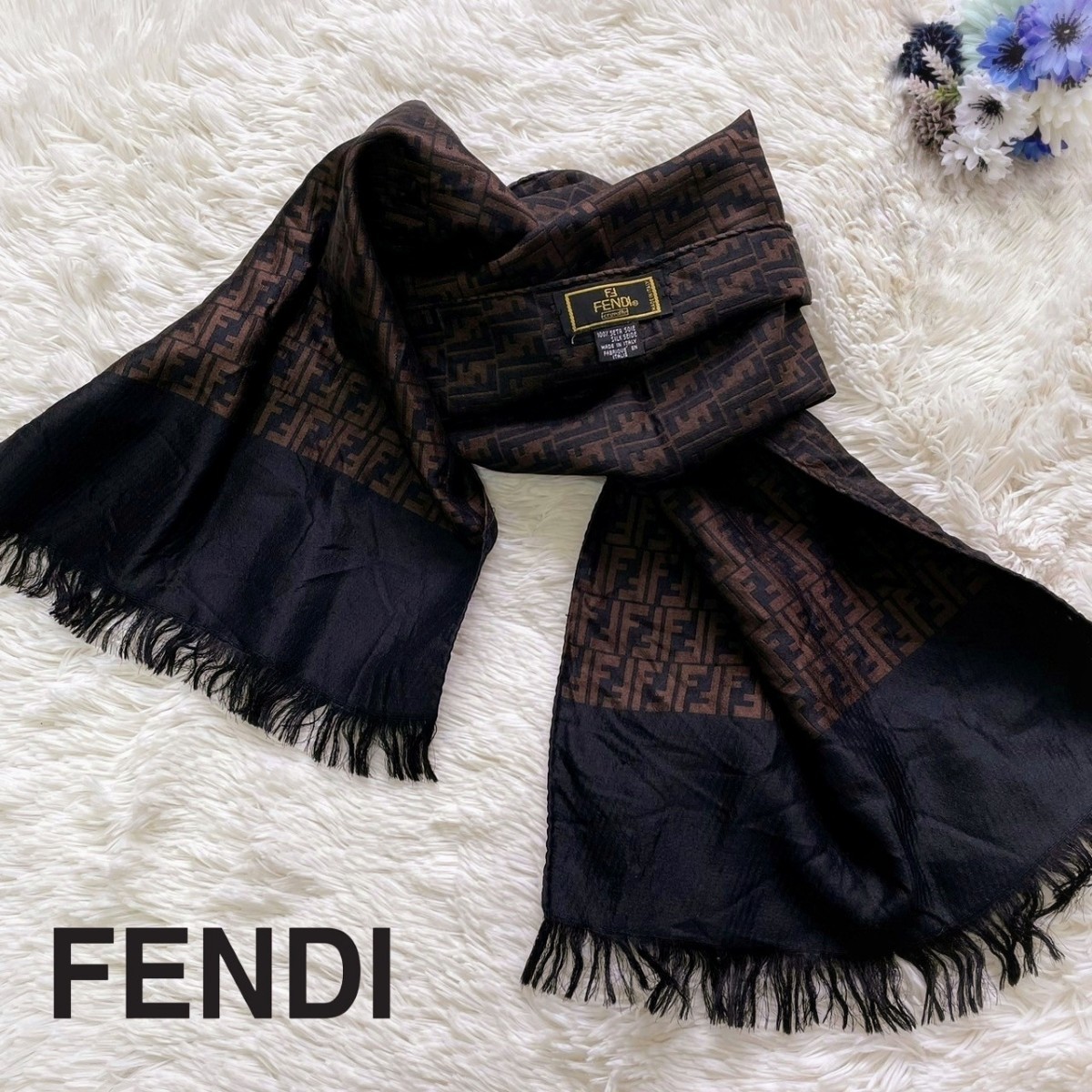 FENDI フェンディ ストール シルク 総柄 ズッカ柄 ロゴ 100%