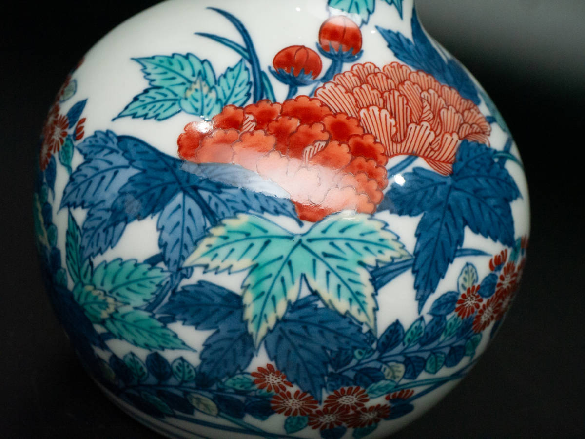 人間国宝 十三代 今泉今右衛門 本人作 色鍋島 芙蓉絵 瓢型 花入 花瓶